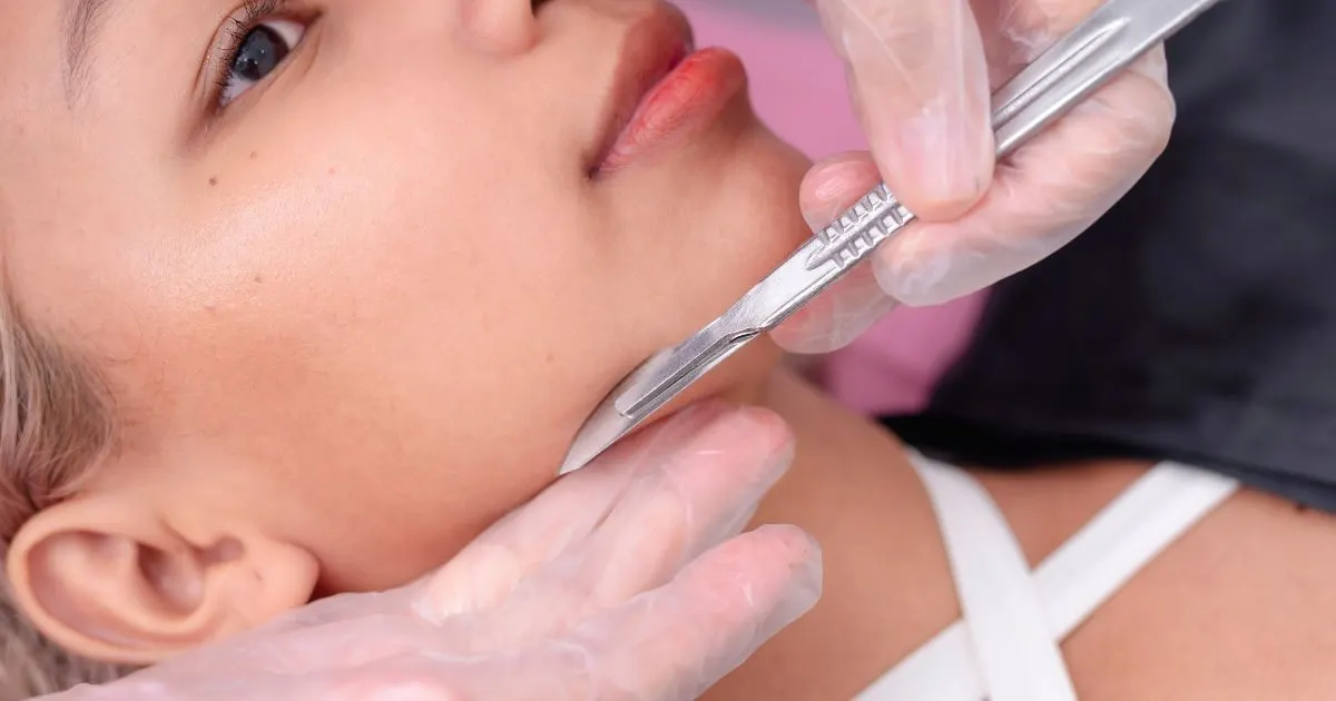 Aesthetician gently performing a dermaplaning procedure on a client's chinjawline to remove peach fuzz and dead skin cells.