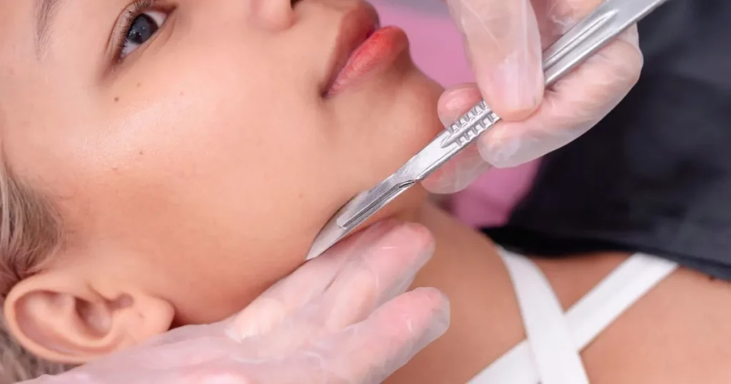 Aesthetician gently performing a dermaplaning procedure on a client's chinjawline to remove peach fuzz and dead skin cells.